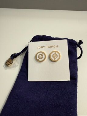 Tory Burch White and Gold Round Logo Stud Earrings
